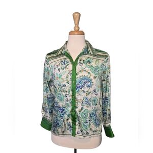 Zara Italian Coastal Scarf Print Satin Blouse Made in Spain Green Paisley Size L